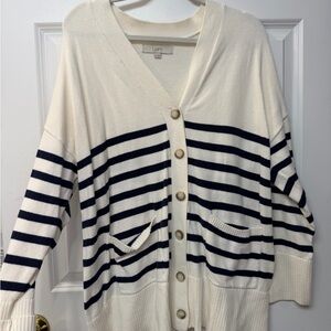 LOFT Women's Navy and Cream Striped Cardigan
